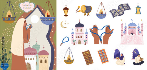 Ramadan Mubarak greeting card in hand-drawn style, character set, moon, mosque dome and lanterns, carpet, drum, hands with rosary beads. Vector illustration.