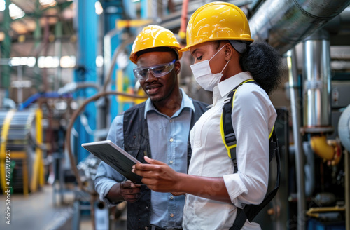 Portrait of an engineer woman and man working together using a tablet computer to check data in an industrial factory with machinery in the background