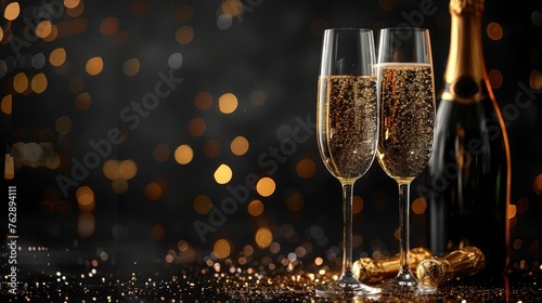 Sparkling Toast for Luxe Celebrations: Champagne Glasses and Bottle on Night Background for New Year's Eve, Birthday, and More