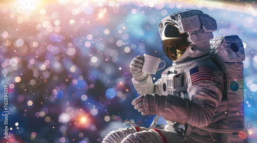 An astronaut, floating weightlessly, enjoys a quiet coffee moment in space, surrounded by the vastness of the cosmos.