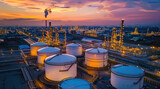 An aerial view of a petrochemical industry at dawn time with a blue sky. Oil tanks are for a dry place to store chemical equipment for safety