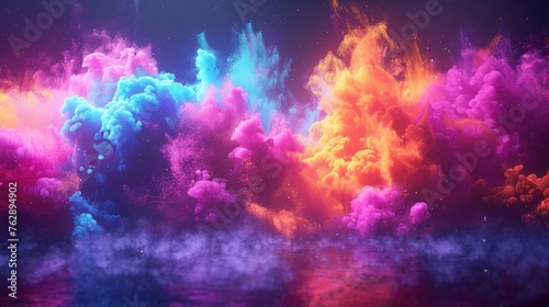 Neon Smoke Clubs Explode in Abstract Holi Paint Burst - Psychedelic Pastel Light Background  © hisilly