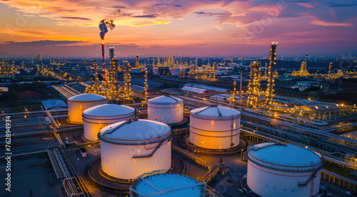An aerial view of a petrochemical industry at dawn time with a blue sky. Oil tanks are for a dry place to store chemical equipment for safety