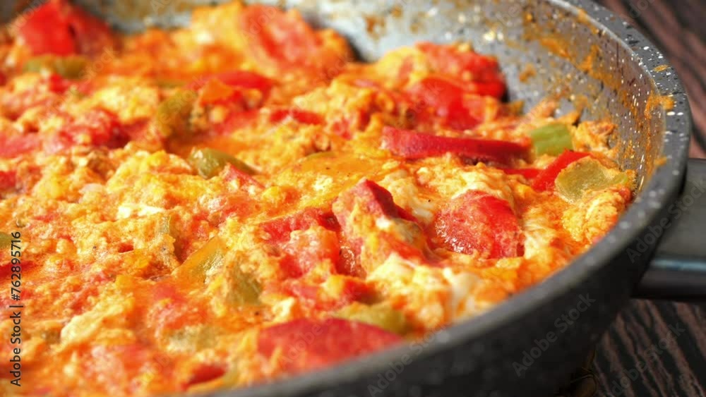 Turkish Menemen omelet in a frying pan. . Turkish Menemen omelet in a frying pan. .