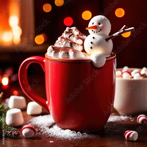 Red mug with smiling marshmallow snowan, Christmas festive theme