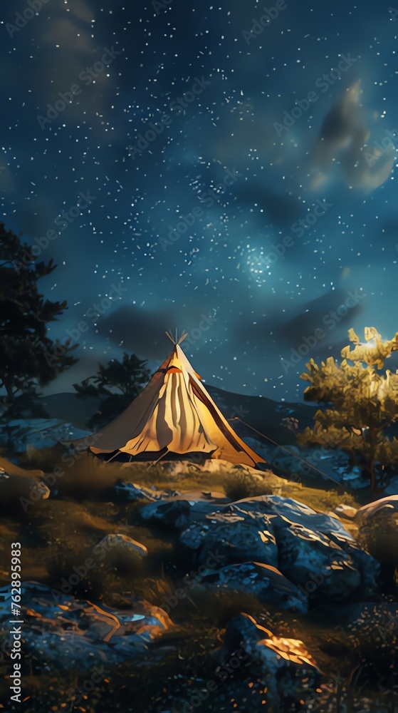 Camping tent on the hill at night with stars
