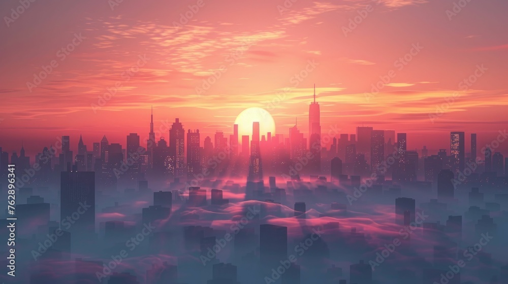 3D digital landscape, minimalist city skyline at sunrise