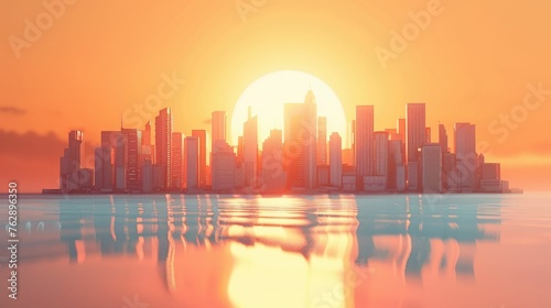 3D digital landscape, minimalist city skyline at sunrise