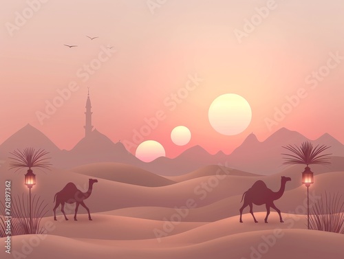 Camel and three lantern islamic at desert eid mubarak 