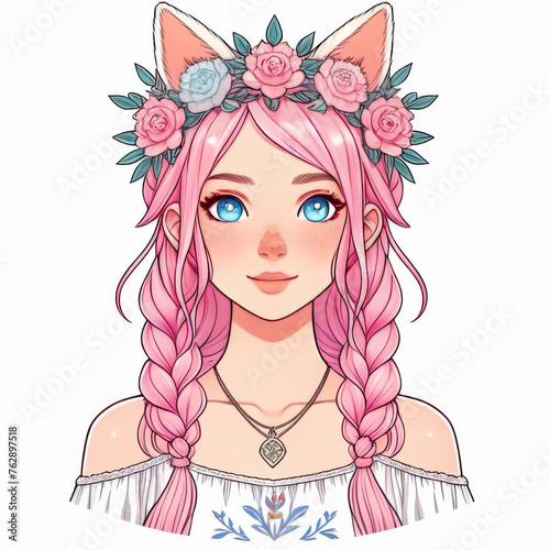 Beautiful girl with pink hair and floral wreath. Vector illustration.