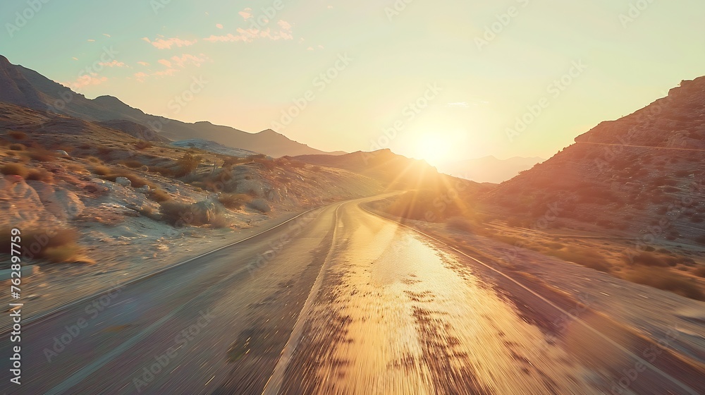 Empty long mountain road to the horizon on a sunny summer day at bright sunset  speed motion blur effect : Generative AI