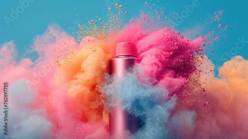 Colorful Burst  Pink Aerosol Can Releases Vibrant Cloud of Pigment Powders - Stock Photo