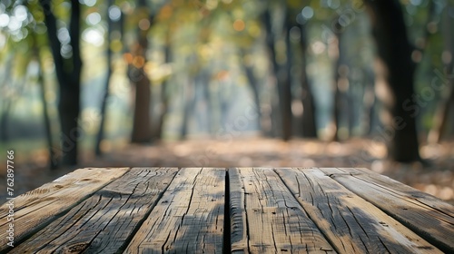 Wooden board empty table in front of blurred background Perspective brown wood over blur trees in forest can be used mock up for display or montage your products : Generative AI