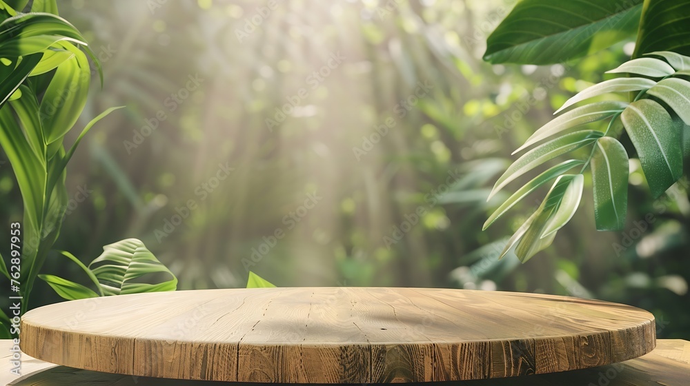Wood tabletop podium floor in outdoors blur green leaf tropical forest nature landscape backgroundcosmetic natural product mock up placement pedestal stand displayjungle summer concept : Generative AI Wood tabletop podium floor in outdoors blur green leaf tropical forest nature landscape backgroundcosmetic natural product mock up placement pedestal stand displayjungle summer concept : Generative AI