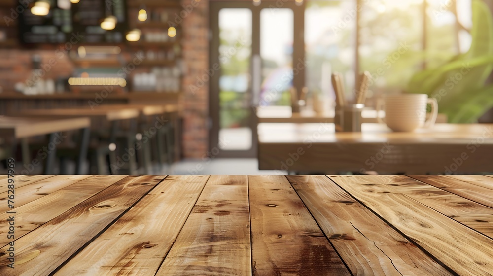 Wooden board empty table in front of blurred background Perspective brown wood over blur in coffee shop  can be used for display or montage your productsMock up for display of product : Generative AI