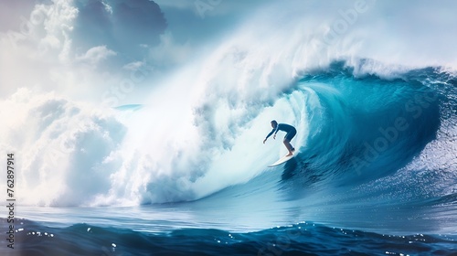A surfer riding a big wave at the world famous Banzai Pipeline on the North shore of Oahu Hawaii : Generative AI photo