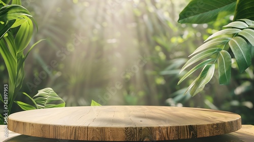 Wood tabletop podium floor in outdoors blur green leaf tropical forest nature landscape backgroundcosmetic natural product mock up placement pedestal stand displayjungle summer concept   Generative AI