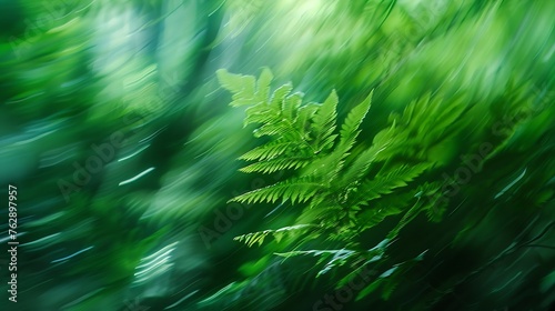 A vibrant green fern stands out in an abstract motionblurred forest scene evoking the dynamic life force of la gomeras laurisilva during geranium bloom : Generative AI photo