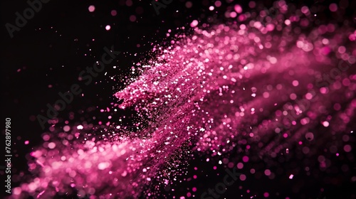 Explosion metallic pink glitter sparkle Choky Glitter powder spark blink celebrate blur foil explode in air fly throw pink glitters particle Black background isolated selective focus B : Generative AI photo