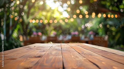 Empty wooden table with party in garden background blurred : Generative AI