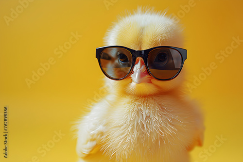 A cheerful chick in black sunglasses on a bright yellow background. © Jhon