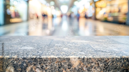 Stone table top and blurred shopping plaza background  can used for display or montage your products : Generative AI photo