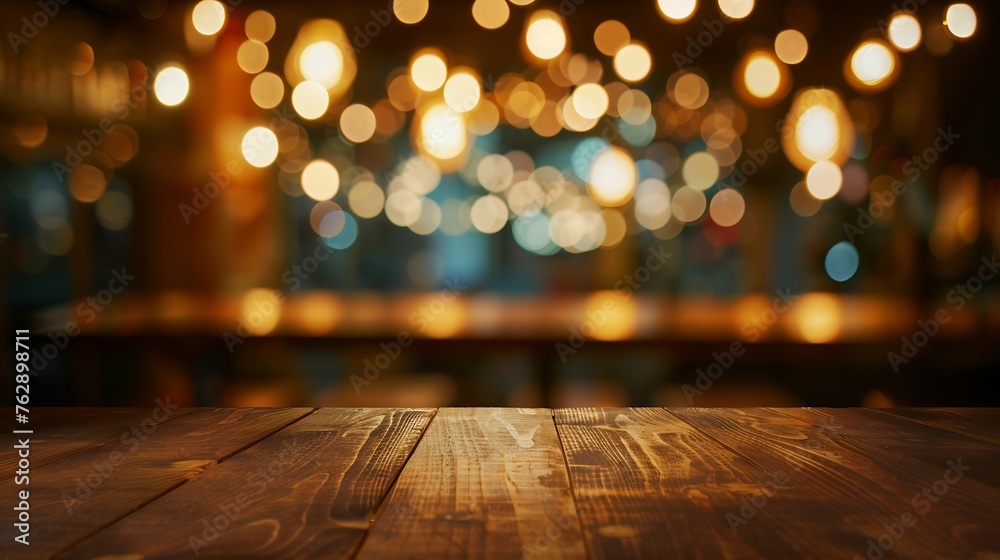 Image of wooden table in front of abstract blurred restaurant lights background : Generative AI Image of wooden table in front of abstract blurred restaurant lights background : Generative AI