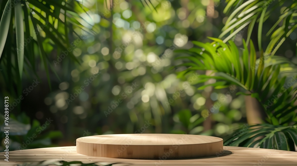 empty table top wooden counter podium in outdoor tropical garden forest blurred green plant background with spaceorganic product present natural placement pedestal displayspring and su : Generative AI empty table top wooden counter podium in outdoor tropical garden forest blurred green plant background with spaceorganic product present natural placement pedestal displayspring and su : Generative AI