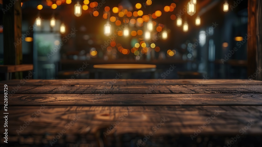 Empty wooden table top with lights bokeh on blur restaurant background : Generative AI Empty wooden table top with lights bokeh on blur restaurant background : Generative AI