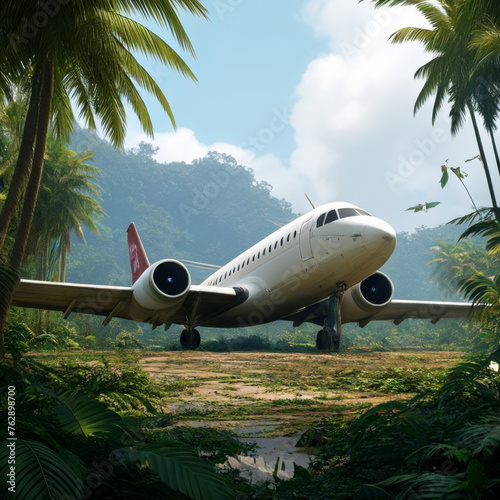 Airplane in the jungle. Travel and tourism concept. 3D Rendering