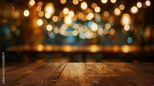 Image of wooden table in front of abstract blurred restaurant lights background : Generative AI