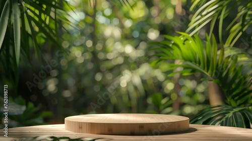 empty table top wooden counter podium in outdoor tropical garden forest blurred green plant background with spaceorganic product present natural placement pedestal displayspring and su   Generative AI