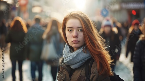 portrait of tired young woman student standing alone in city center and looking at camera with straight face while crowds of men and women are whizzing around : Generative AI photo