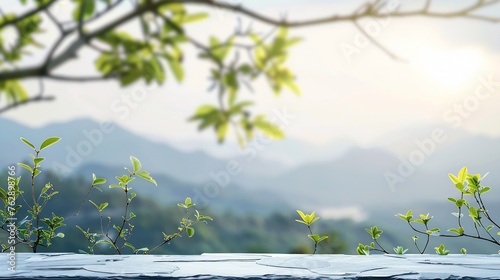 table background of free space for your decoration and blurred landscape of mountainsBlue sky with sun light and green small leaves : Generative AI photo