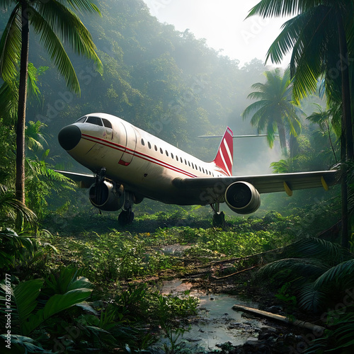 Airplane in the jungle. Travel and tourism concept. 3D Rendering