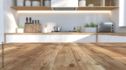 Empty Beautiful wood table  top and blur bokeh modern kitchen interior background in clean and bright Ready for product montage   Generative AI