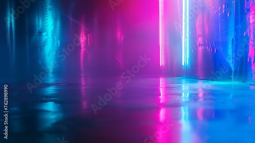 Neon blur glow Color light overlay Disco illumination Defocused blue pink green ultraviolet radiance soft texture on dark abstract empty space background : Generative AI