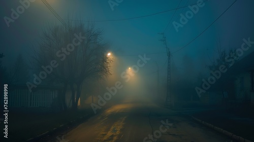 Selective blur on an smoggy foggy empty road street in the village of Vladimirovac in Vojvodina Banat Serbia in the countryside with a smog and fog during a cold freezing evening dusk    Generative AI