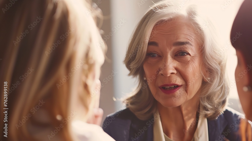 Confident blonde senior business professional woman talking to younger colleagues on brainstorming meeting offering ideas for work on project discussing strategy management : Generative AI Confident blonde senior business professional woman talking to younger colleagues on brainstorming meeting offering ideas for work on project discussing strategy management : Generative AI