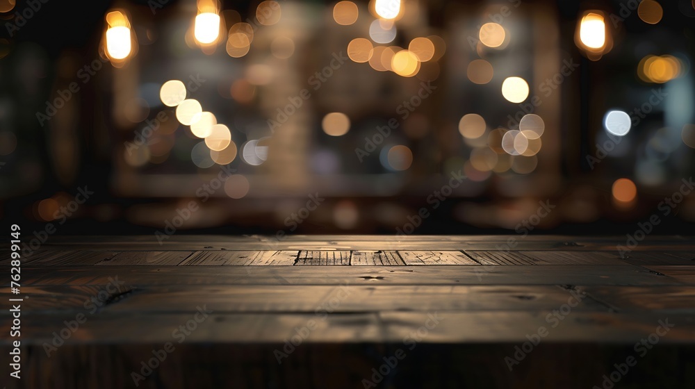 Empty dark wooden table in front of abstract blurred bokeh background of restaurant  can be used for display or montage your productsMock up for space : Generative AI