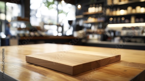 Empty wooden table for present product on coffee shop blur backg : Generative AI photo