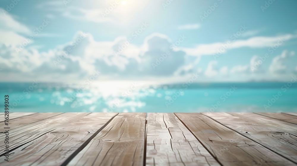 Empty wooden table or pier with sunny beach and sea on background With copy space for your product : Generative AI