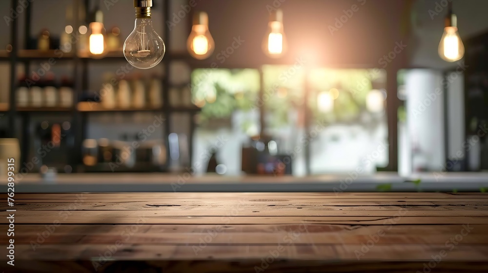 Wood table top on blurred of counter cafe shop with light bulb backgroundfor montage product display or design key visual layout : Generative AI