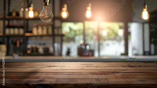 Wood table top on blurred of counter cafe shop with light bulb backgroundfor montage product display or design key visual layout : Generative AI photo