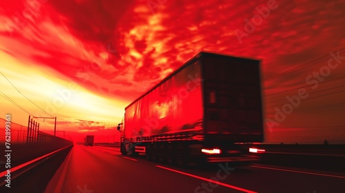 Blurring A large truck is driving along the highway at high speed Sky with bright red clouds Delivery of cargo : Generative AI