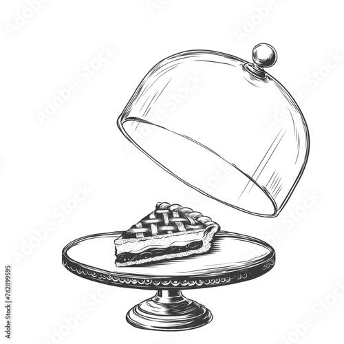 Hand drawn Homemade apple pie vector Illustration isolated on white background. Vintage sketch dessert on cake stand under glass lid for menu design, window stickers