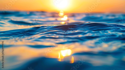 Beautiful closeup sea water surface Sunset sunrise gold blue colors calm soft waves relaxing horizon Dream fantasy shallow focus blur seascape sky Tranquil peaceful nature pattern Medi : Generative AI © Generative AI