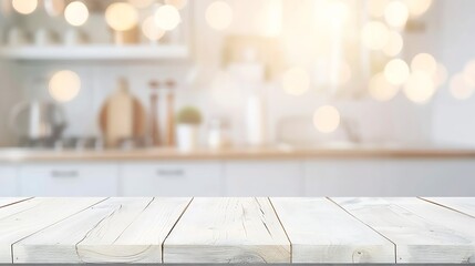 White table background over blur bokeh light for product display White wood desk counter shelf surface backdrop Empty wooden table top over blur kitchen room background for food banner : Generative AI
