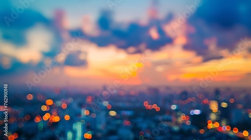 Real estate concept Abstract blur aerial view city on twilight color sky and clouds cityscape autumn sunrise background Bangkok Thailand Asia : Generative AI © Generative AI