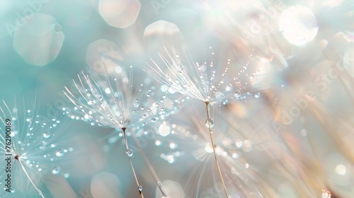 Beauty in nature Fantasy closeup of dandelion soft morning sunlight after rain pastel colors Peaceful blue green blurred lush foliage dandelion seed Macro spring nature amazing natural : Generative AI